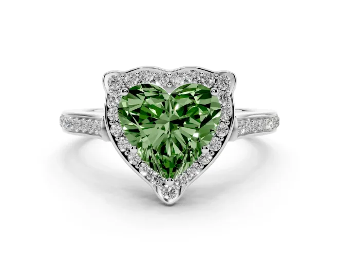 Heart-Shaped Petal Tip Halo Engagement Ring Setting for a Fancy Green Lab-Grown Diamond | Pavé Band | White Gold