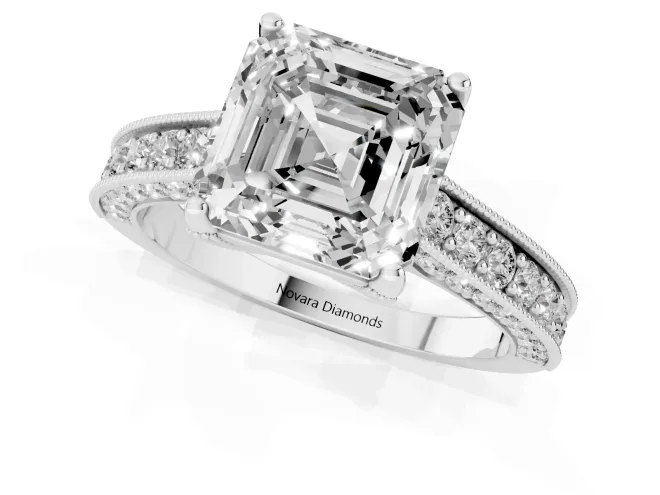 Asscher Cut Diamond Solitaire Ring Set in Silver with Milgrain-Edged Pavé Band and Prong Setting – second view