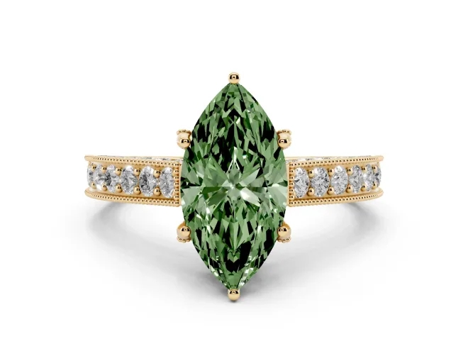Marquise Hidden Halo Engagement Ring Setting for a Fancy Green Lab-Grown Diamond | Milgrain Pavé | Yellow Gold