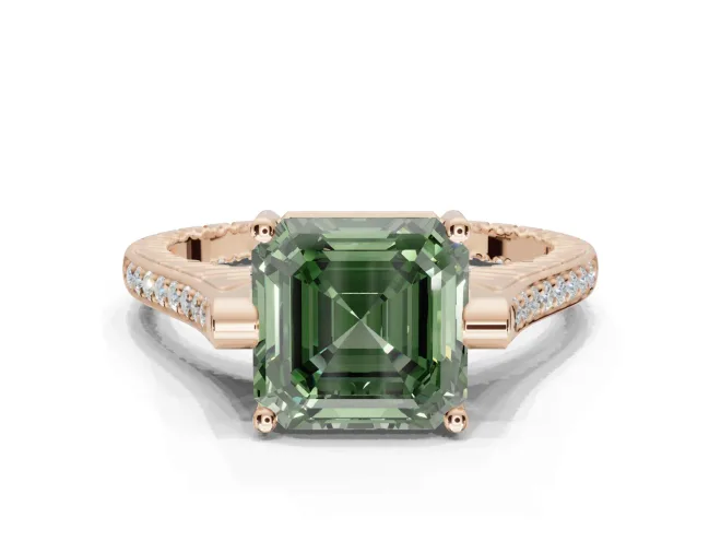 Asscher Cut Vintage Cathedral Engagement Ring Setting for a Fancy Green Lab-Grown Diamond | Carved Band | Rose Gold