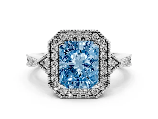 Radiant Cut Milgrain Halo Engagement Ring Setting for a Fancy Blue Lab-Grown Diamond | Graduated Pavé | White Gold