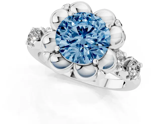 Fancy Blue Round Cut Diamond Floral Halo Ring Set in Platinum with Shared Prong Band – second view