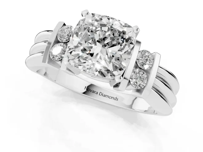 Three-Stone Cushion Cut Diamond Channel Set Ring Set in White gold with Bar Prongs – second view