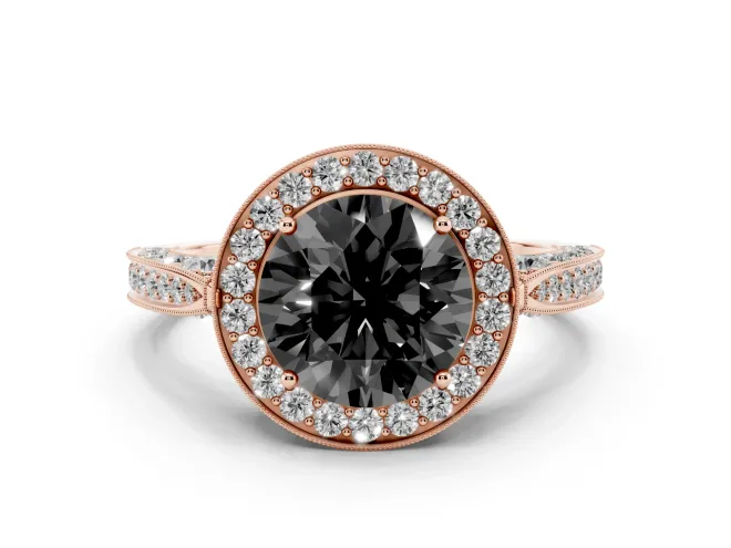 Fancy Black Round Cut Diamond Halo Engagement Ring Set in Rose gold with Accent Split Shank Band