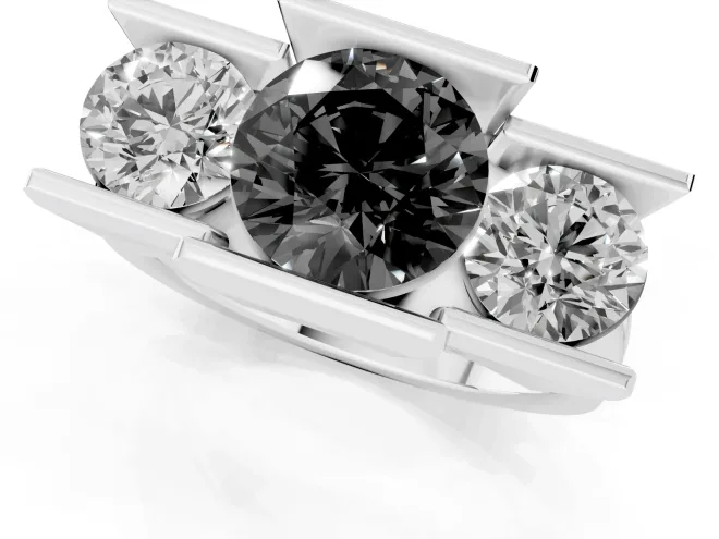 Fancy Black Round Cut Diamond Three-Stone Channel Set Ring Set in Silver with Smooth Polished Band – second view