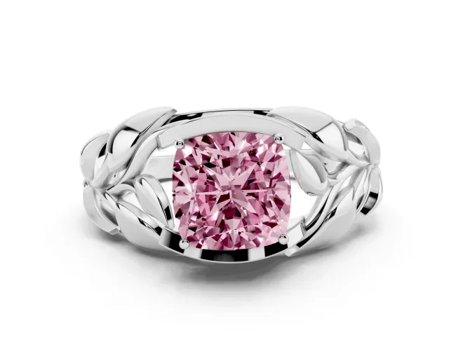 Fancy Pink Cushion Cut Diamond Leaf-Inspired Engagement Ring Set in White gold with Round Accents