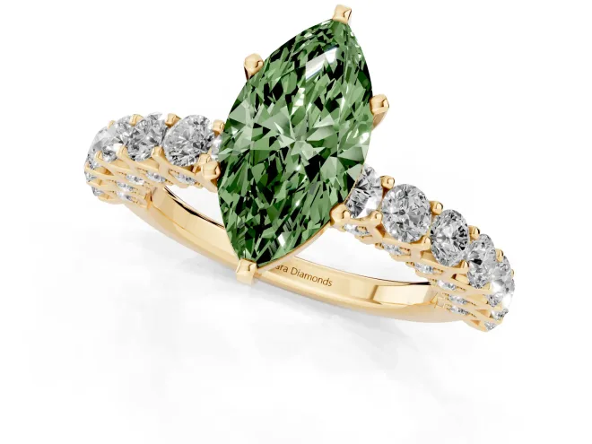 Fancy Green Marquise Cut Diamond Solitaire Ring Set in Yellow gold with Shared Prong Pavé Band – second view