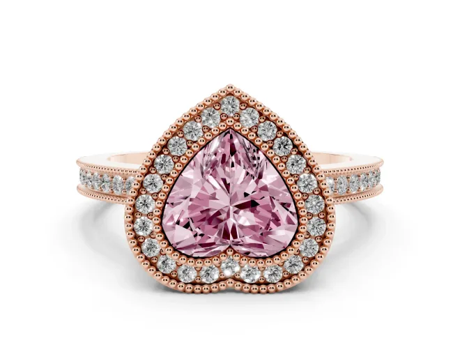 Heart-Shaped Milgrain Halo Engagement Ring Setting for a Fancy Pink Lab-Grown Diamond | Rose Gold