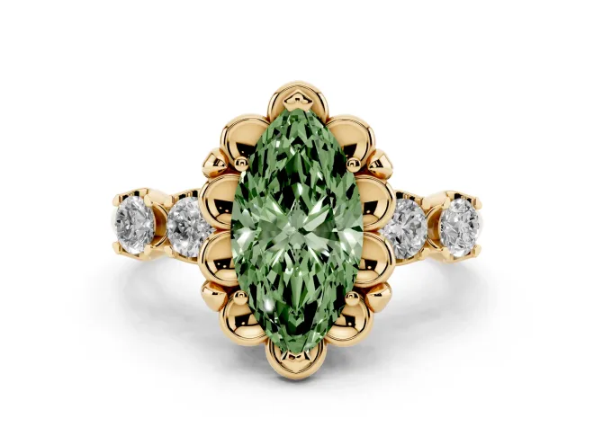 Marquise Floral Engagement Ring Setting for a Fancy Green Lab-Grown Diamond | Petal Frame and Side Stones | Yellow Gold