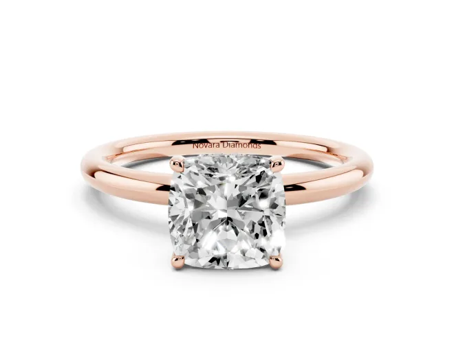 Cushion Cut Diamond Solitaire Ring Set in Rose gold with Thin Band and Prong Setting