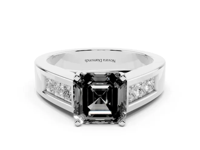 Fancy Black Asscher Cut Diamond Solitaire Ring Set in Platinum with Channel-Set Accent Stones and Prong Setting