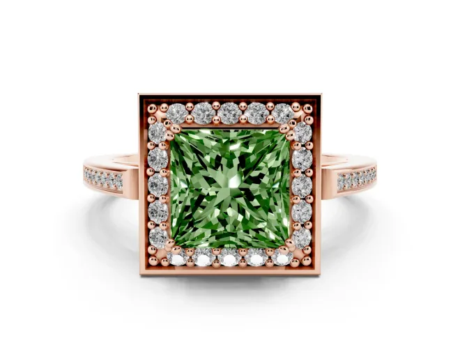 Princess Cut Halo Engagement Ring Setting for a Fancy Green Lab-Grown Diamond | Polished Halo Rim | Rose Gold