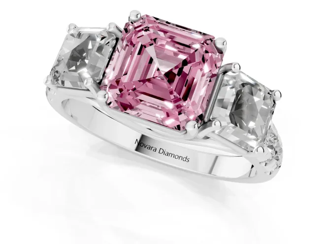 Fancy Pink Asscher Cut Diamond Three-Stone Ring Set in White gold with Pavé Band – second view