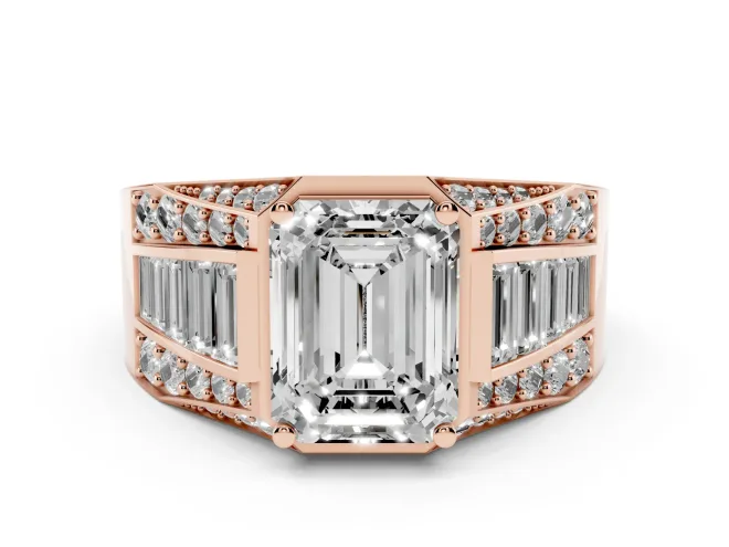 Emerald Cut Diamond Mens Ring Set in Rose gold with Baguette and Round Side Stones
