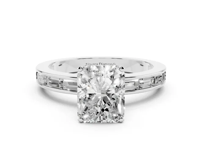 Radiant Cut Diamond Solitaire Ring Set in White gold with Channel-Set Baguette Band and Prong Setting