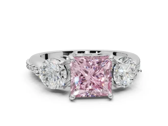 Princess Cut Three Stone Engagement Ring Setting for a Fancy Pink Lab-Grown Diamond | Tapered Pavé Band | White Gold
