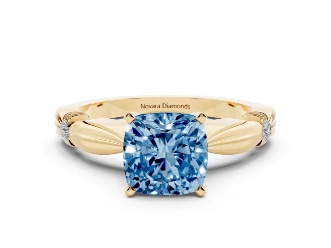 Fancy Blue Cushion Cut Diamond Solitaire Twisted Band Ring Set in Yellow gold with Accent Stones and Prong Setting