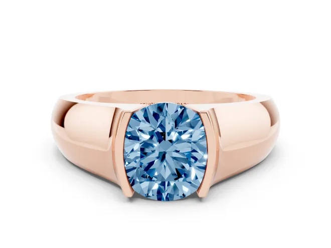 Fancy Blue Round Cut Diamond Bezel Solitaire Ring Set in Rose gold with Wide Band