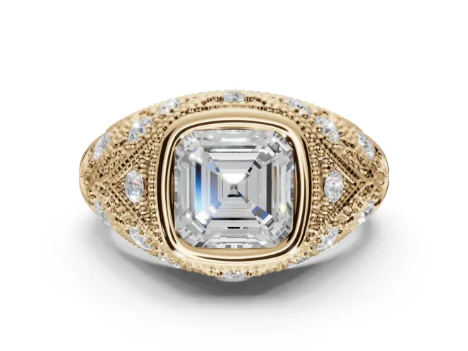 Asscher Cut Vintage Bezel Engagement Ring Setting | Beaded Paisley Shoulders | Yellow Gold