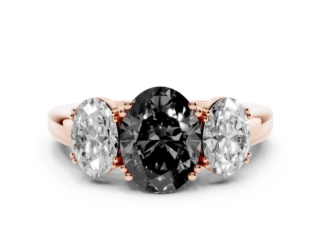 Fancy Black Oval Cut Diamond Three-Stone Ring Set in Rose gold with Polished Band and Prong Setting