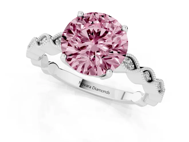 Fancy Pink Round Cut Diamond Solitaire Ring Set in Silver with Infinity Twist Pavé Band – second view