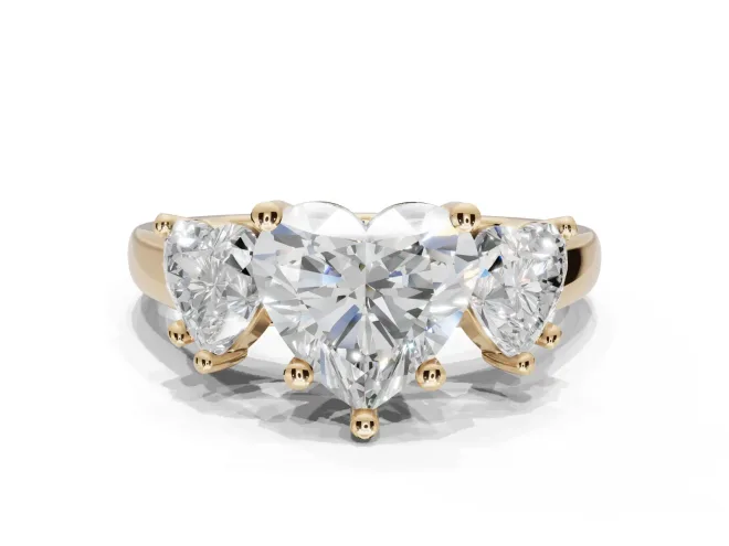 Heart-Shaped Three Stone Engagement Ring Setting | Wide Tapered Shoulders | Yellow Gold