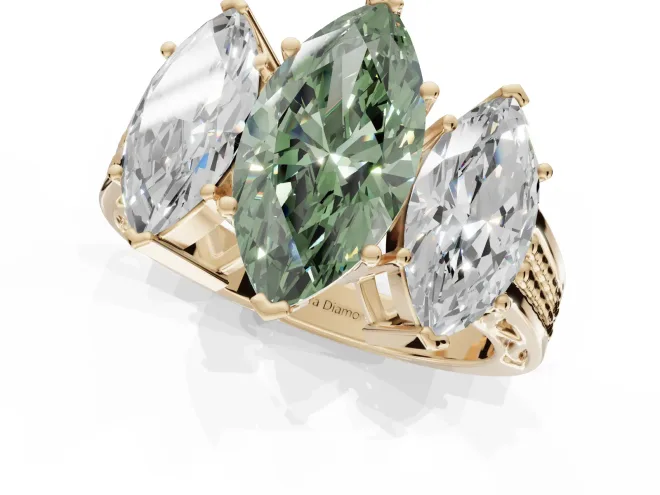 Marquise Three Stone Engagement Ring Setting for a Fancy Green Lab-Grown Diamond | Beaded Shoulders | Yellow Gold – second view