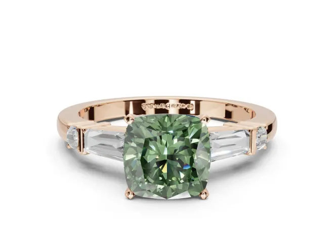 Cushion Cut Tapered Baguette Engagement Ring Setting for a Fancy Green Lab-Grown Diamond | Rose Gold
