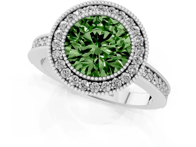 Fancy Green Round Cut Diamond Halo Engagement Ring Set in Silver with Pavé Band and Round Halo Stones – second view