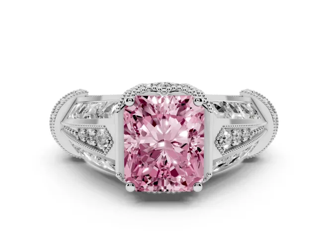 Fancy Pink Radiant Cut Diamond Vintage-Inspired Milgrain Ring Set in Silver with Accent Split Shank