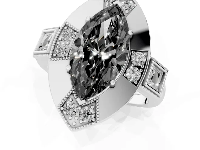 Fancy Black Marquise Cut Diamond Milgrain Halo Ring Set in White gold with Split Shank – second view