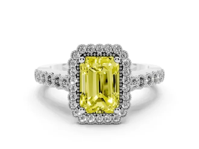 Fancy Yellow Radiant Cut Diamond Halo Ring Set in Platinum with Pavé Milgrain Band