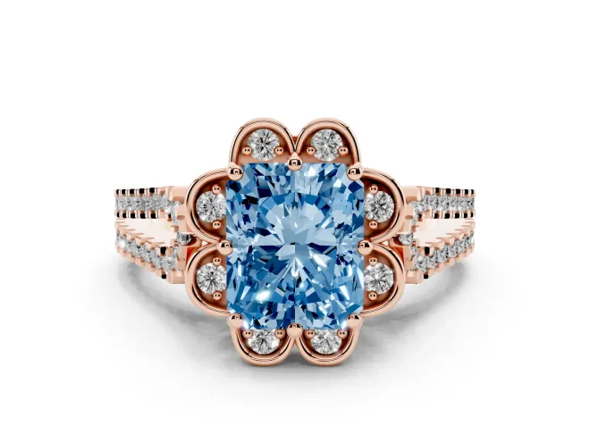 Radiant Cut Floral Halo Engagement Ring Setting for a Fancy Blue Lab-Grown Diamond | Pavé Split Shank | Rose Gold
