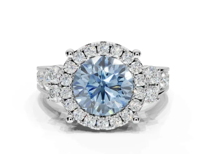 Round Halo Engagement Ring Setting for a Fancy Blue Lab-Grown Diamond | Graduated Channel Band | Sterling Silver
