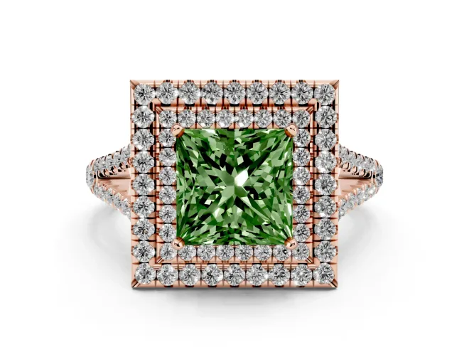 Fancy Green Princess Cut Diamond Double Halo Ring Set in Rose gold with Pavé Band