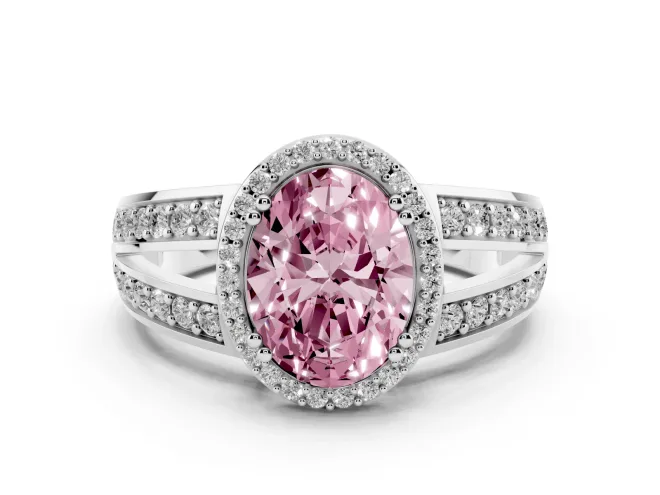 Fancy Pink Oval Cut Diamond Halo Ring Set in Platinum with Double Pavé Split Shank
