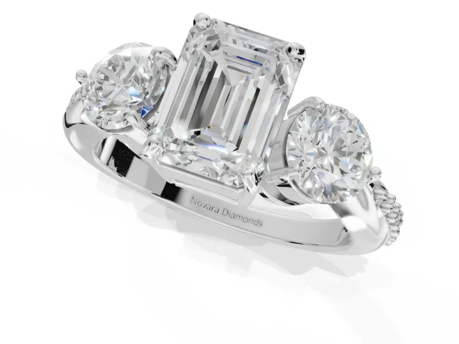 Emerald Cut Three Stone Engagement Ring Setting | Tapered Pave Band | Sterling Silver – second view