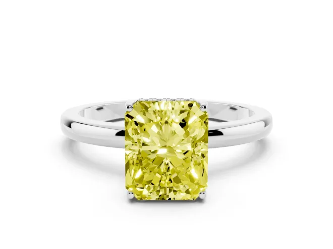 Fancy Yellow Radiant Cut Diamond Solitaire Ring Set in Platinum with Plain Band and Prong Setting