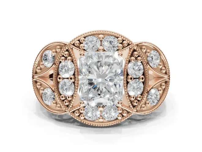 Radiant Cut Vintage Floral Halo Engagement Ring Setting | Engraved Milgrain Band | Rose Gold