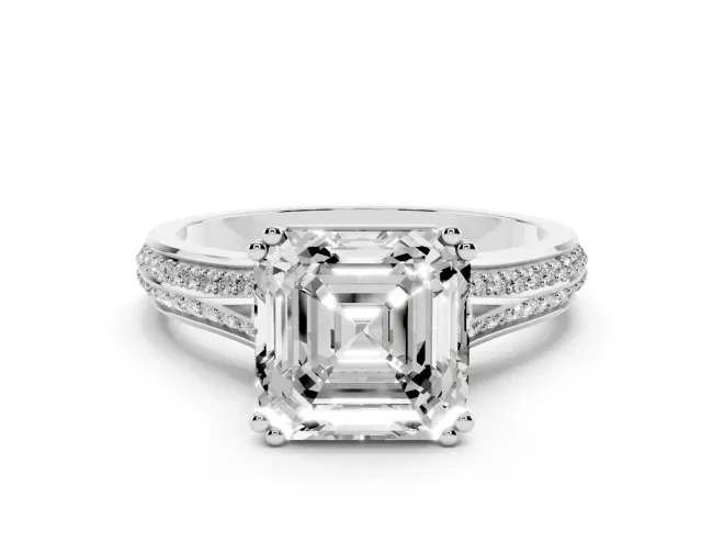 Asscher Cut Diamond Split Shank Pavé Engagement Ring Set in White gold with Prong-Set Center Stone