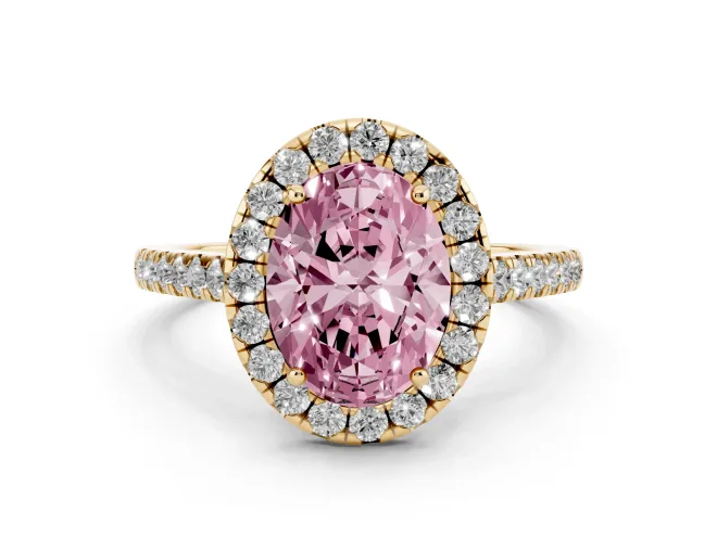 Fancy Pink Oval Cut Diamond Halo Pavé Engagement Ring Set in Yellow gold with Prong Setting