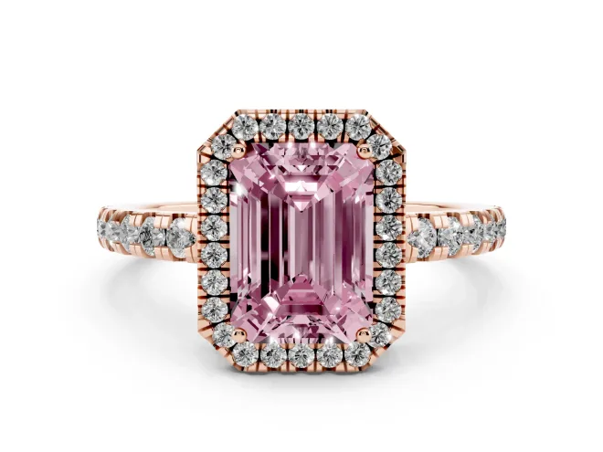 Fancy Pink Emerald Cut Diamond Halo Ring Set in Rose gold with Delicate Pavé Band and Prong Setting