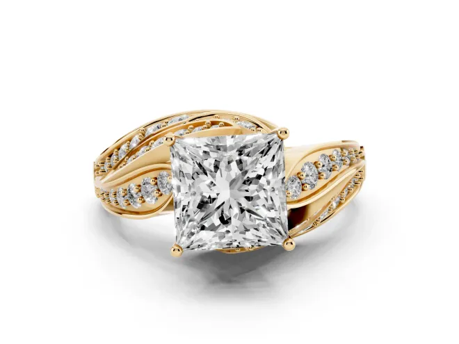 Princess Cut Diamond Solitaire Ring Set in Yellow gold with Layered Twist Pavé Band