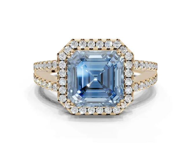 Asscher Cut Halo Split Shank Engagement Ring Setting for a Fancy Blue Lab-Grown Diamond | Pavé Shoulders | Yellow Gold