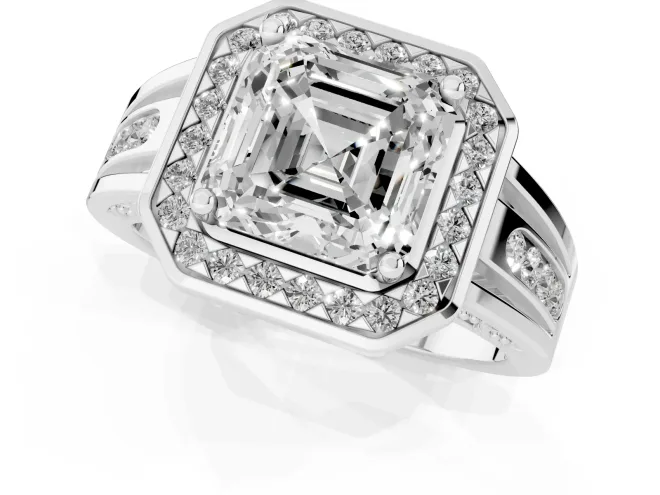 Asscher Cut Diamond Halo Ring Set in White gold with Pavé and Bezel Accent Split Shank – second view