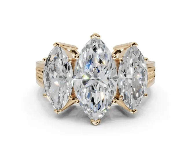 Marquise Three Stone Engagement Ring Setting | Beaded Shoulders | Yellow Gold