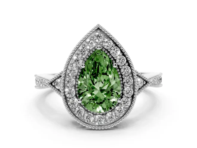 Pear-Shaped Milgrain Halo Engagement Ring Setting for a Fancy Green Lab-Grown Diamond | Graduated Pavé | White Gold