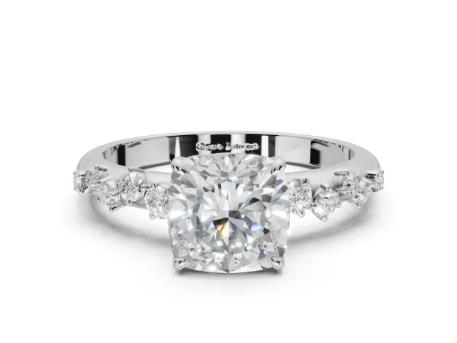 Cushion Cut Solitaire Engagement Ring Setting | Graduated Scattered Accents | White Gold