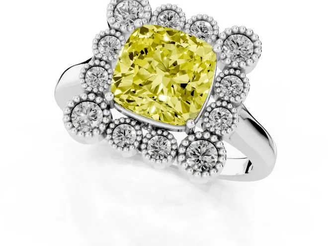 Fancy Yellow Cushion Cut Diamond Cluster Halo Ring Set in Platinum with Milgrain Bezel Accents and Plain Band – second view