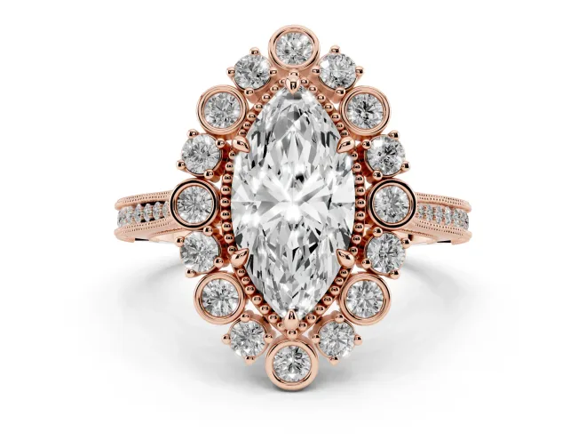 Marquise Vintage Scalloped Halo Engagement Ring Setting | Milgrain Pavé Band | Rose Gold